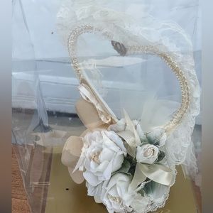Wedding cake topper ivory heart with 2 hats. Box is crushed from traveling.